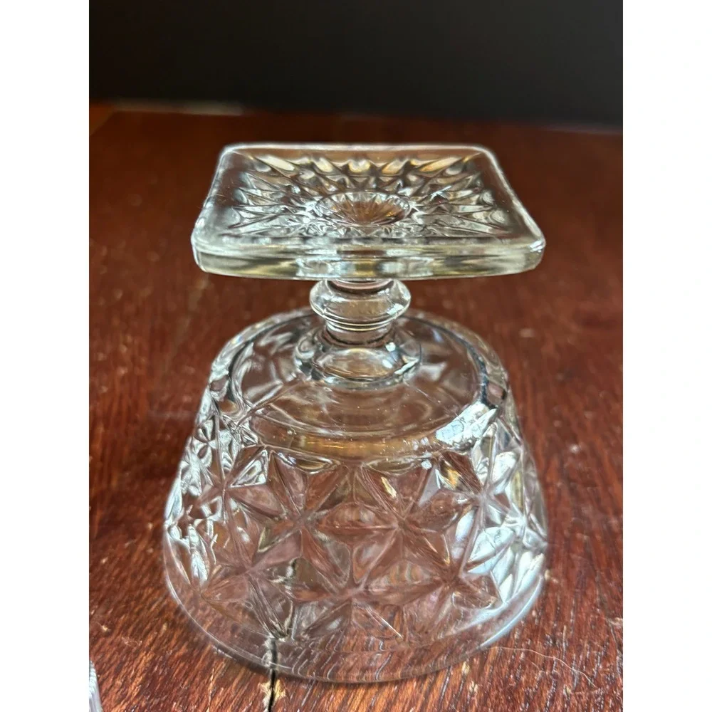 Vintage Clear Pressed Glass Dessert Bowl Square Pedestal Base Starburst Pattern